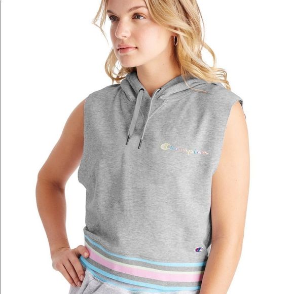 Champion Campus Grey French Terry Lined Sleeveless Hooded Cropped Vest Sz L NEW - Picture 1 of 15